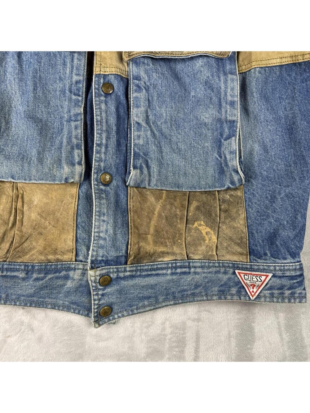 Vintage Guess Georges Marciano Denim Jacket Leather Patchwork Blue USA Mens L - Picture 7 of 11